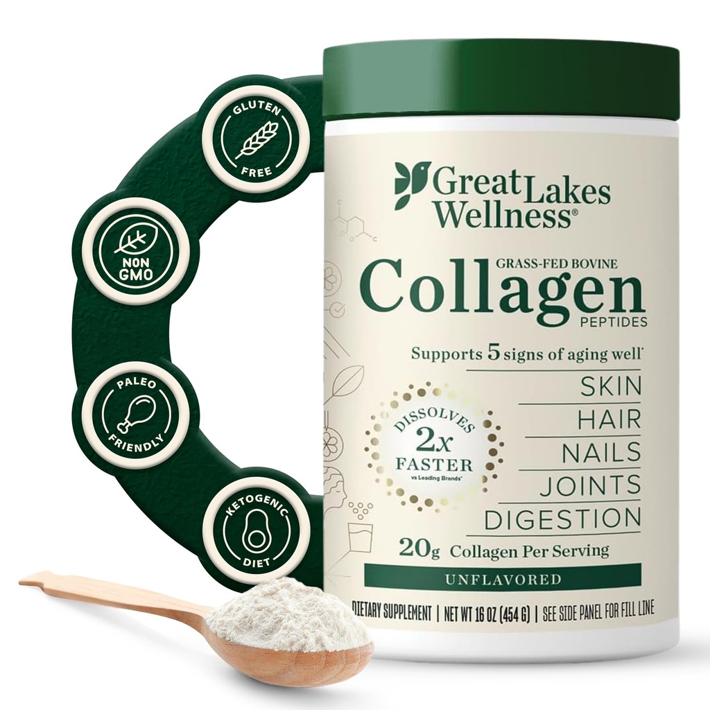 Great Lakes Wellness Collagen Peptides Powder for Skin, Hair, Nails, joints & Digestion - makuamaton - Nopea liuottaminen Hydrolysoitu, ei-GMO, Keto, Kosher - 16oz