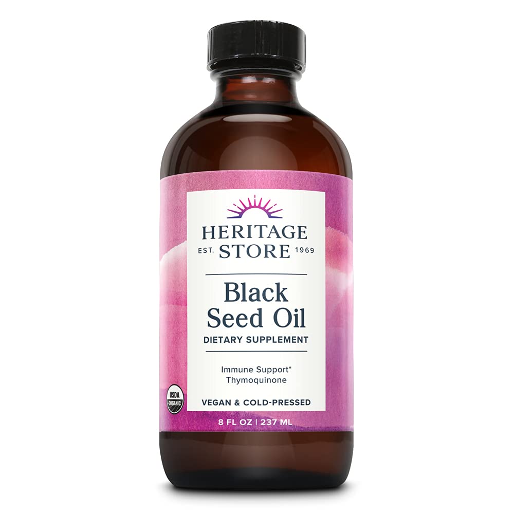 HERITAGE STORE Black Seed Oil, Organic, Cold Pressed Nigella Sativa Supplement med Thymoquinone, Omega 3 6 9, Antioxidant, Immunity, Cholesterol, Digestive, Heart & Join Health Support*, Vegan, 8oz