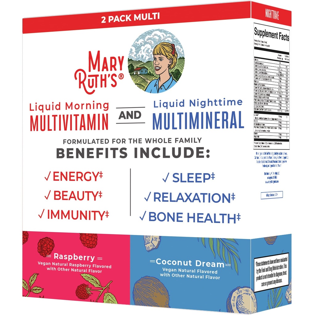 MaryRuth Organics Liquid Morning Multivitamiini & Liquid Nighttime Multimineral Bundle, Vegaani C-vitamiini, B-vitamiini, Magnesium, energia, kauneus, unituki, NO melatoniini, 32 Fl Oz Each