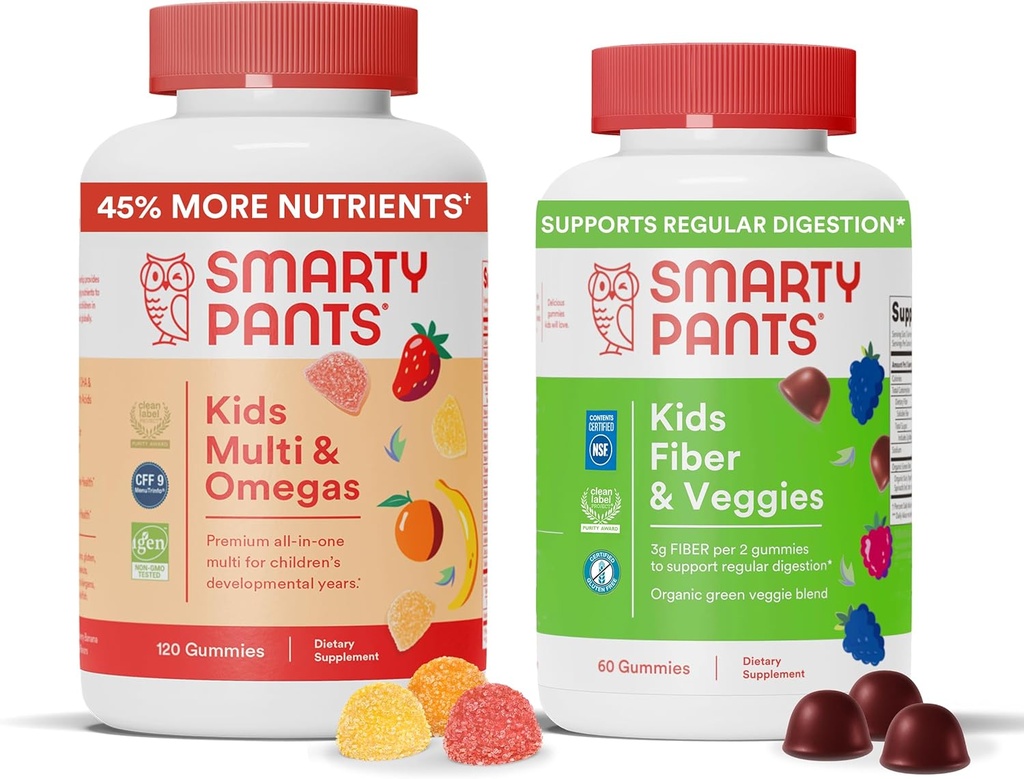 SmartyPants Kids Multivitamiini + Fiber & Veggie Bundle: Omega 3 Fish Oil, Prebioottikuitu, Gluteeniton, kolme hedelmää & seka marja makuja, Multi & Omegas (120 Count) + Kuitu & kasviksia (60 Count)