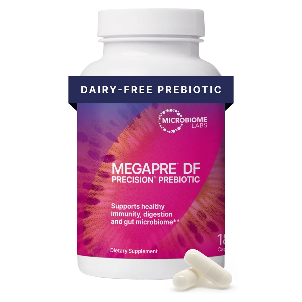 Microbiome Labs MegaPre DF - Dairy-free Prebioottikuitu Supplement - Gut Health Prebiootit naisille, miehet & lapset 3+ - Tuki mikrobien monimuotoisuus (180 kapselia)