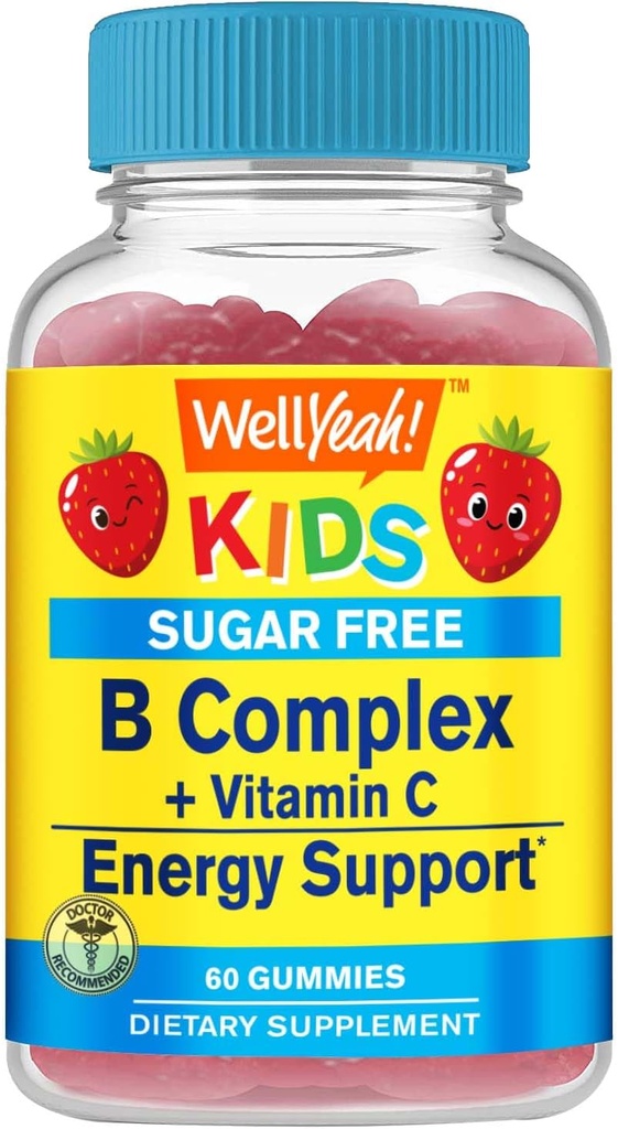 WellYeah Kids Vitamin B Complex Sugar Free Gummies | med C-vitamin, folsyra | Immun och energistöd | Strawberry Flavor | 60 greve