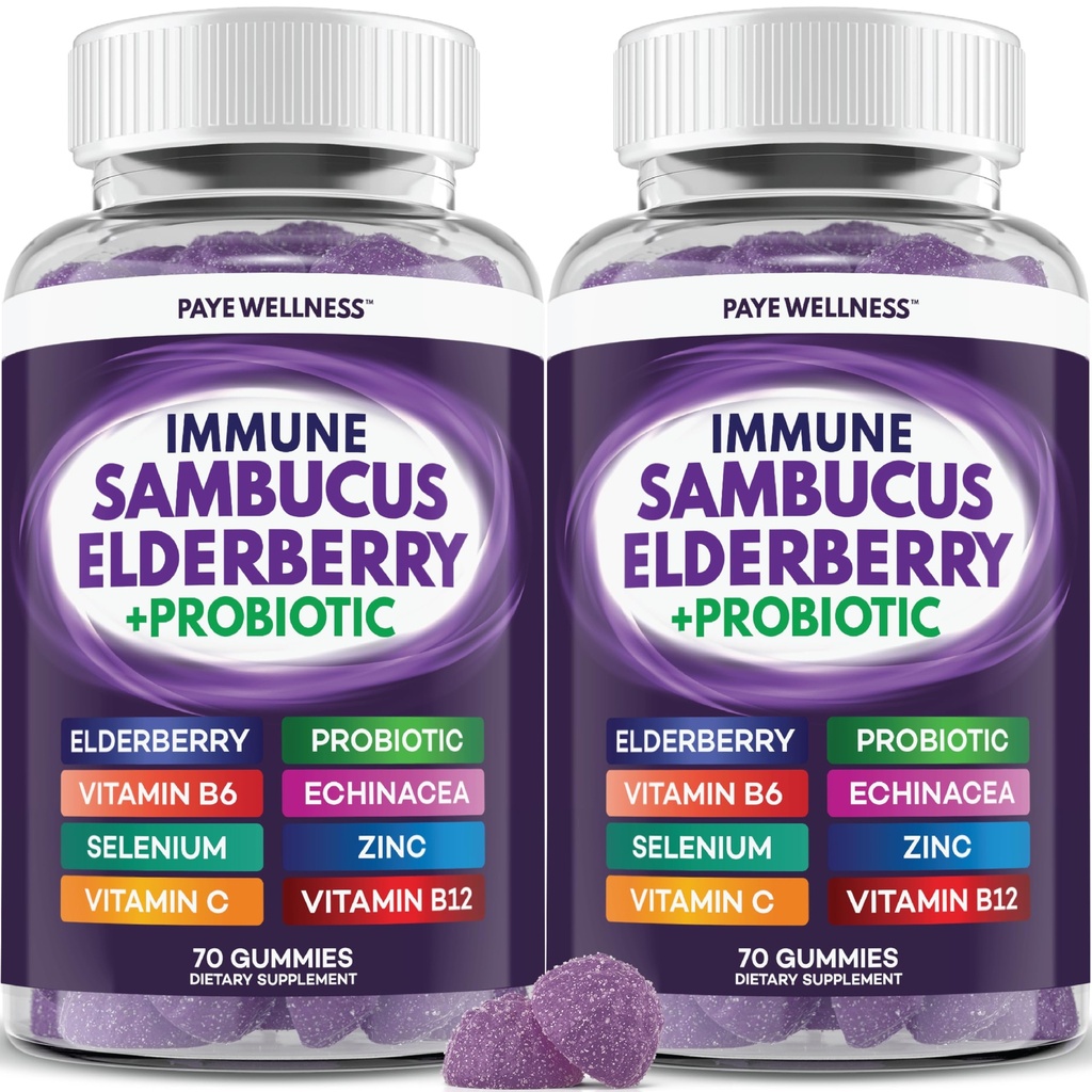 Elderberry Gummies Immune Support, Dagligt stöd för barn och vuxna *, med Sambucus Elderberry, Zink, Vitamin C, D3, B6, B12, Plus - Dietary Supplement - 140 Count