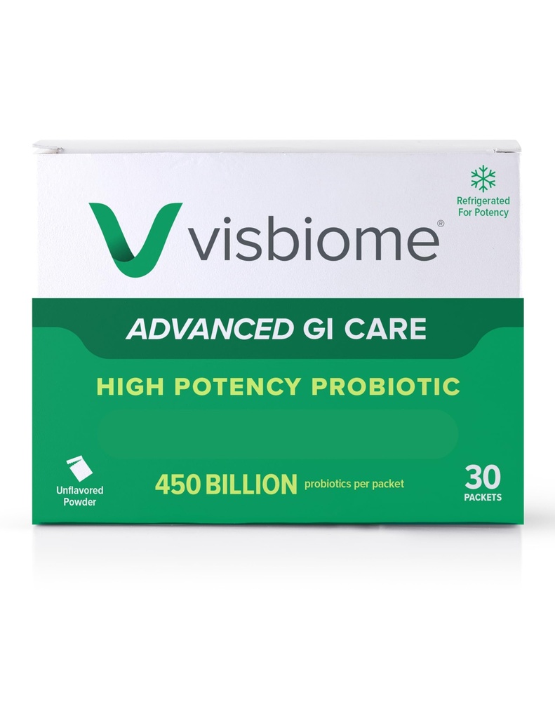 Visbiome® Advanced GI Care - High Potency Probiotic 450 Billion Strength - 30 Packets Unflavored Powder - Original De Simone Formulation - Shipped Cold in Recyclable Cooler med Temperature Monitor.