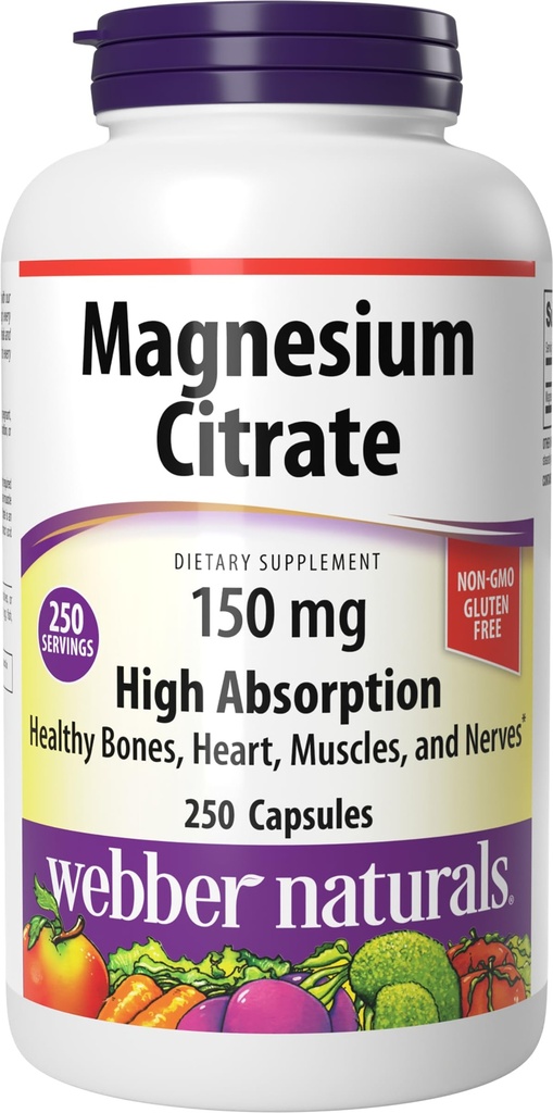 Webber Naturals Magnesium Citrate, 150 mg per kapsel, 250 kapslar, hög absorption, hjälper till att stödja ben, tänder och korrekt muskel och hjärtfunktion, gluten och mejeri fri
