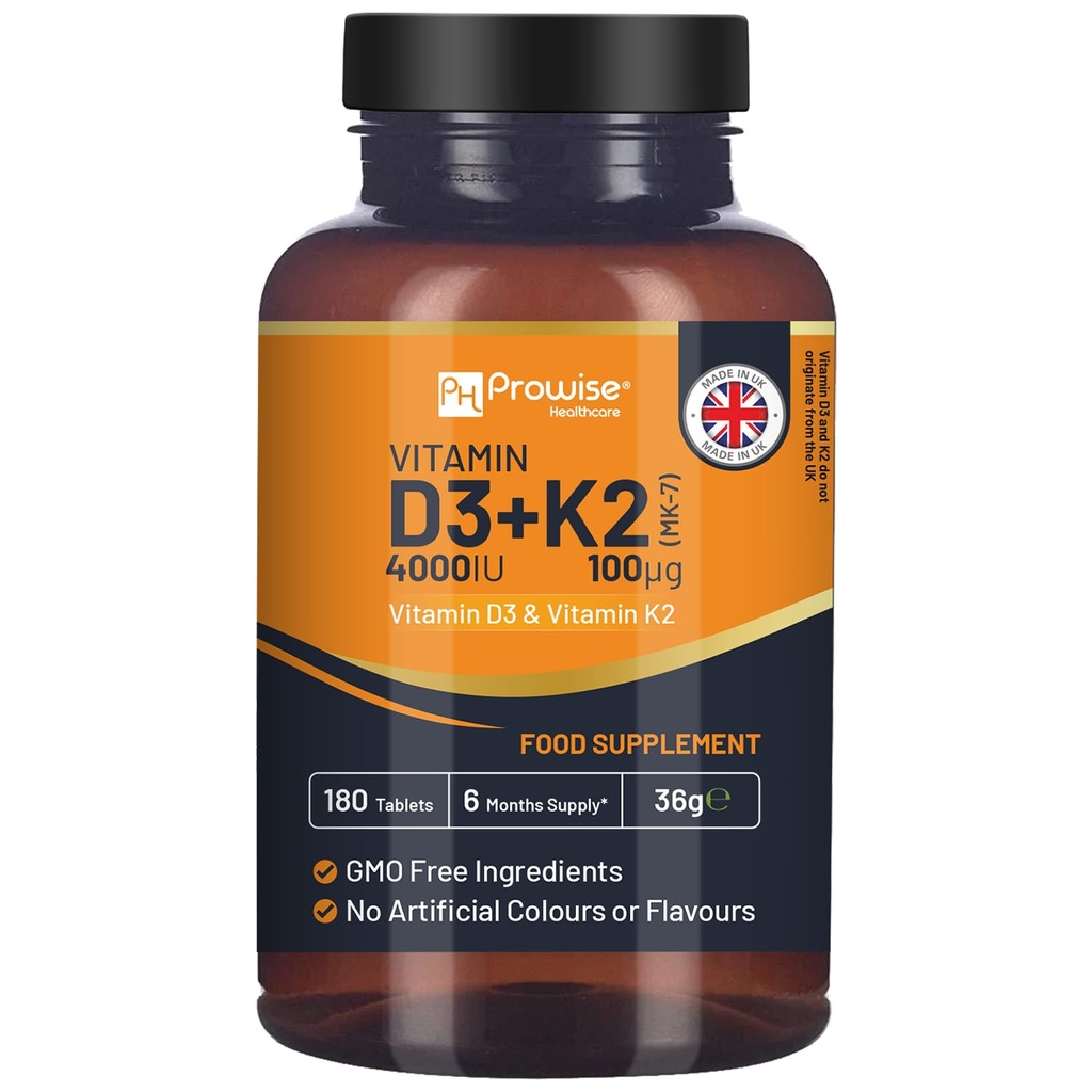 Vitamin D3 4000IU & K2 MK7 100μg Vegetariska tabletter I 180 (6 månader Supply) Jag är lätt att svälja Supplement för immunsupport, Calcium Boost, Bone & Muscle I Made in the UK av Prowise Healthcare
