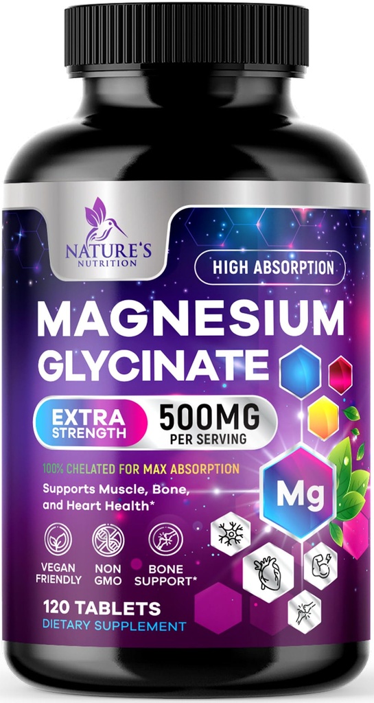 Magnesium Glycinate 500 mg - Celated for Ultra Imeytyminen - tukee luun, lihasten, hermojen ja sydämen terveys, luonnon uni tuki, paras magnesium täydentää pillereitä koko kehon tuki - 120 tablettia