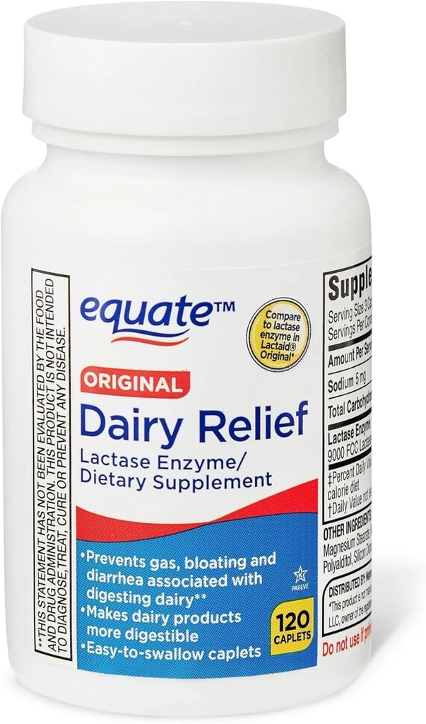 Dairy Relief Caplets, Original, Lactase Enzyme, 120 Pills by Equate (Pack of 1) + Tarra