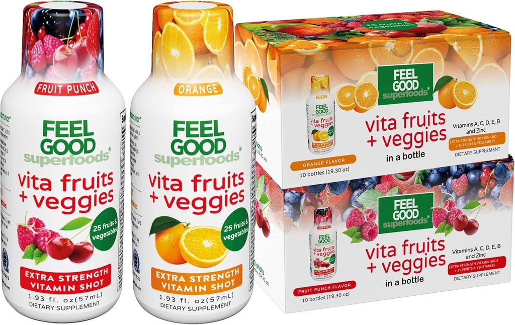 FeelGood Superfoods Vita Fruits och Veggies Immune Support Shot Supplements, 25 Organiska frukter och grönsaker, redo att dricka immunitet Booster, Orange och Fruit Punch Flavor, Combo Pack på 20