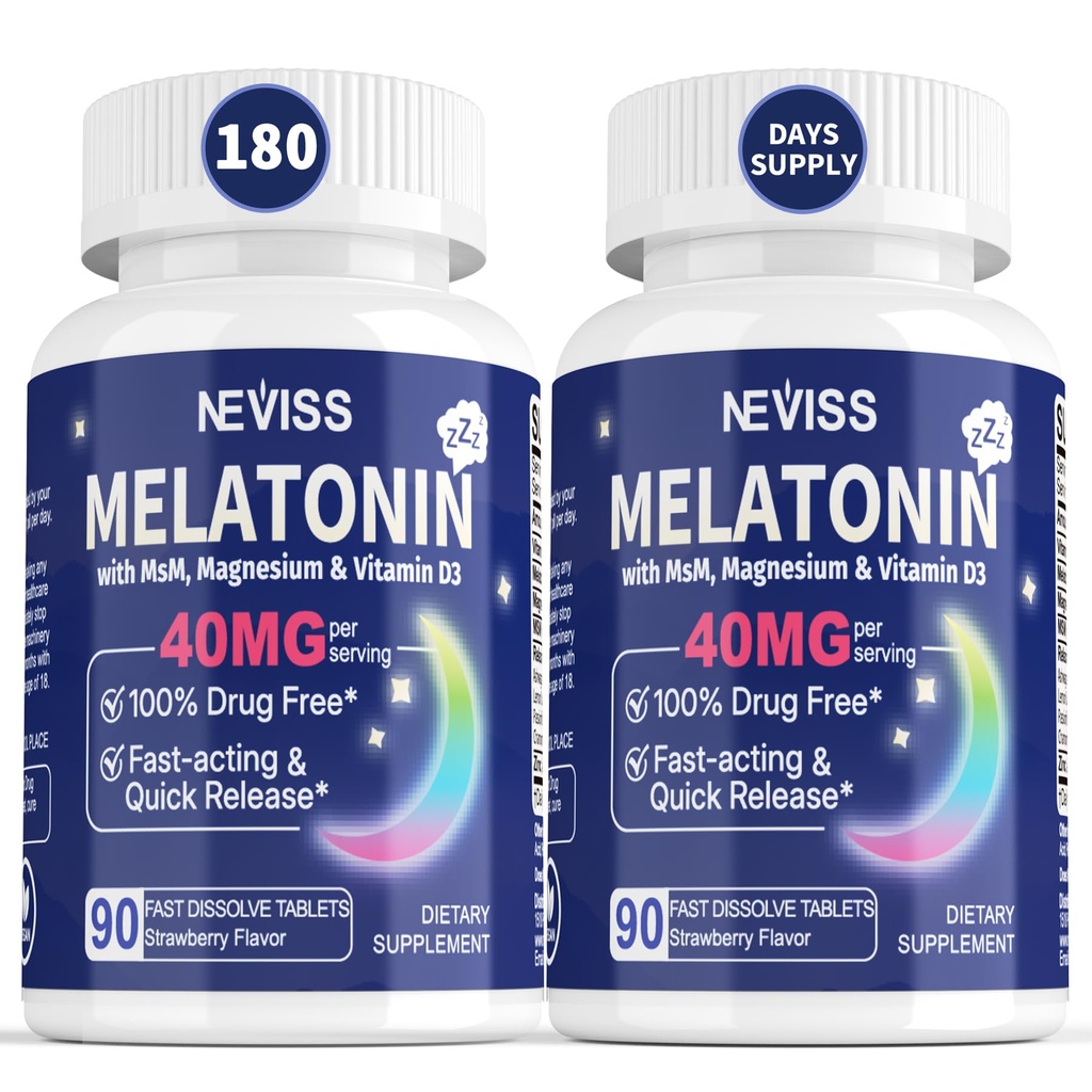 Melatoniini 40 mg aikuisille - Nopea liuotus ja pureskeltava Sublingual Sleep Supplement - Extra Strength Melatoniini D3-vitamiinia ja MSM-vitamiinia, Seleeniä terveydenhuollon leposykli, syvä Zzzs, sokeriton, 180 tarjoilua