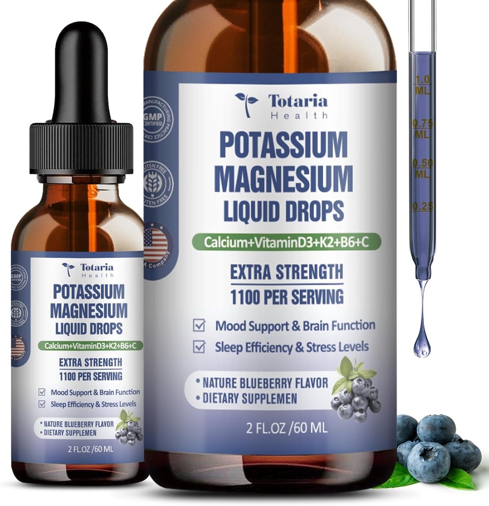 (2 pakkausta) Kalium Magnesium Supplement Liquid Drops - 200 mg Kalium & 600 mg Triple Complex Magnesium Glycinate Liquid Citrate Oil High Imeytyminen Potasio Tuki Luun, Lihas, Jalkakramps