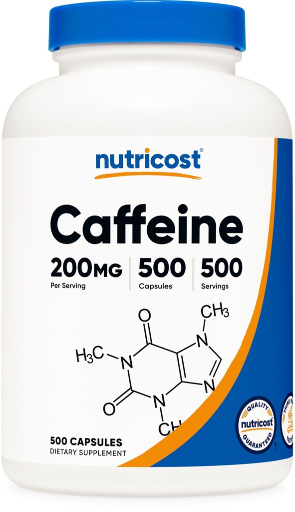 Nutricost kofeiini pillereitä, 200mg per tarjoilu (500 Caps)