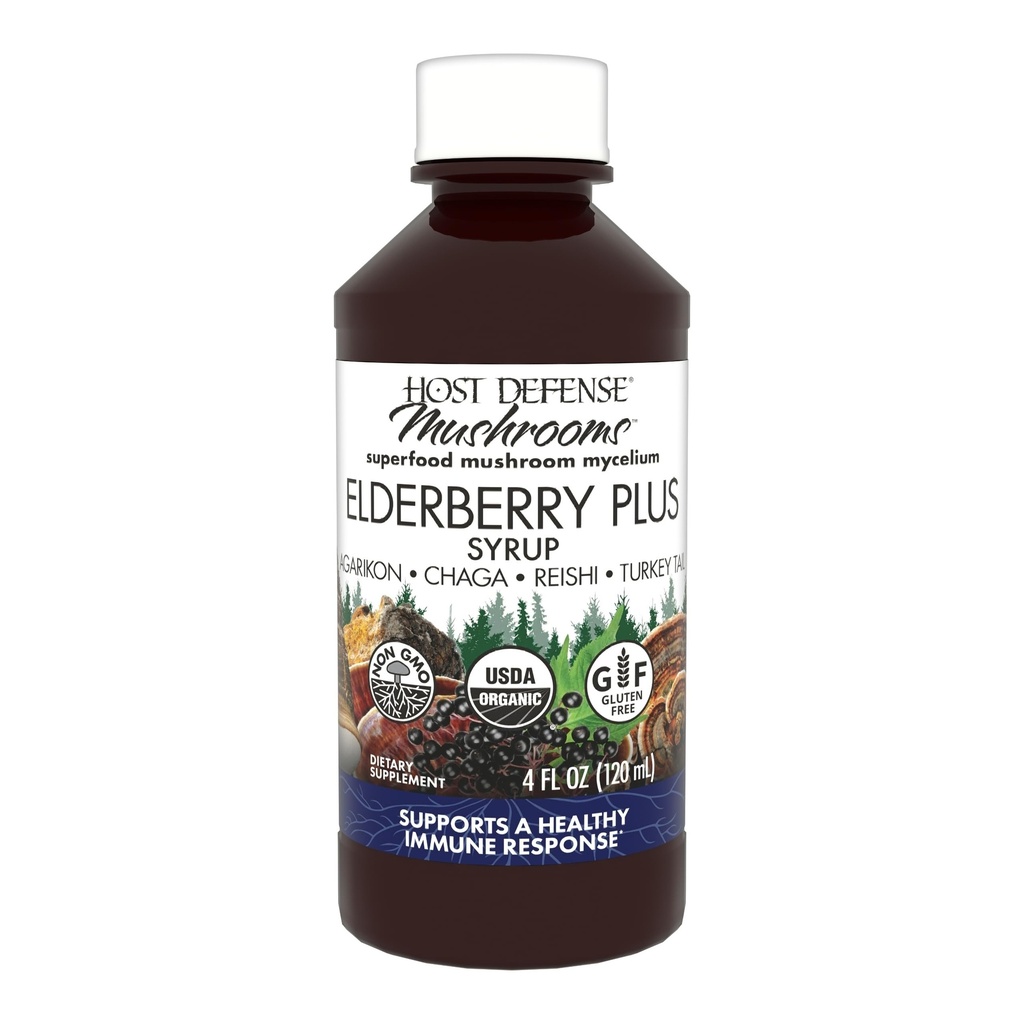 Värdförsvar Elderberry Plus Syrup - Immune, Respiratory & Lung Support Supplement* - Liquid Mushroom Supplement med Turkiet Tail, Reishi, Agarikon & Chaga* - 4 fl oz (12 portioner)