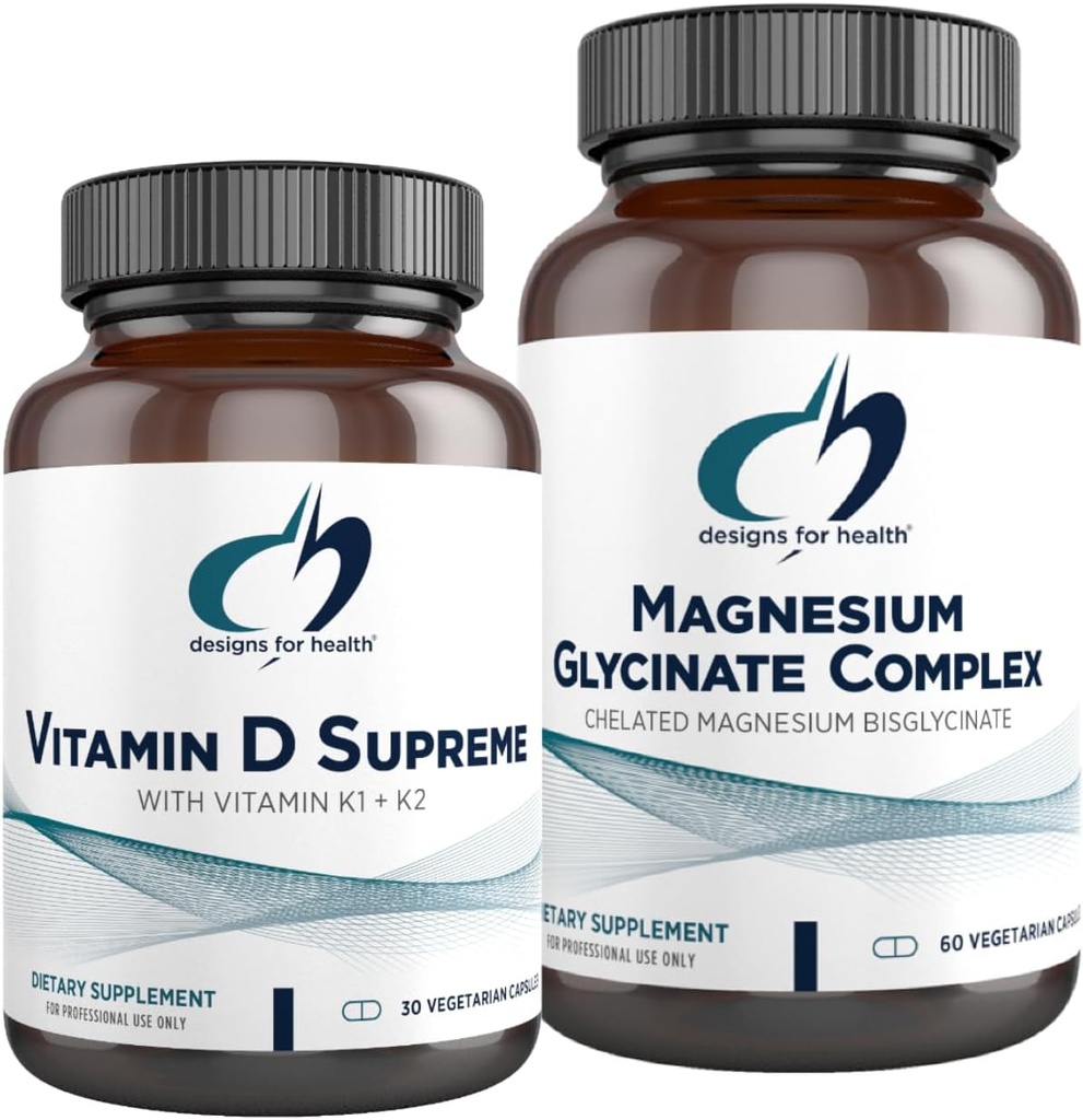 Designs for Designs for Health Magnesium Glycinate Complex (60 kapselia) & D-vitamiini Supreme (30 softgelia) - suuri imeytyvä magnesium, jossa on 5000 IU D3-vitamiinia ja K2-vitamiinia / K1 - luu, immuuni ja mieliala