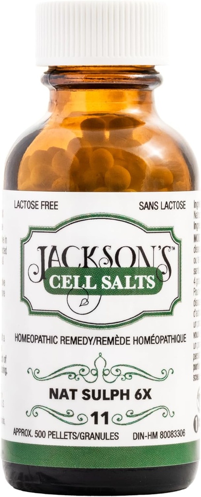 Jacksons #11 Cell Salt NAT Sulph 6X (500 Pellet Bottle) - Certified Vegan, Laktosfri Schuessler Tissue Salt Natrum Sulphuricum 6X