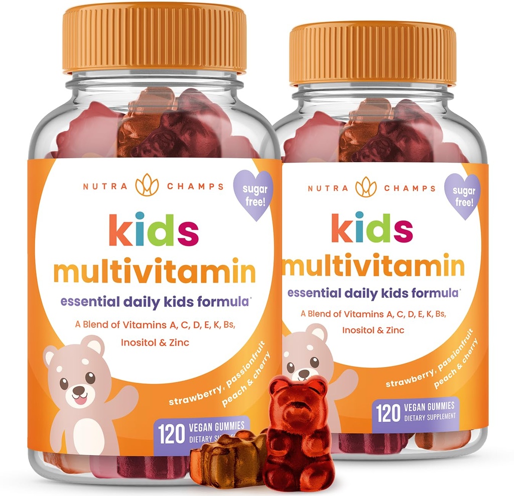 NutraChamps 120 gummy-vitamiinia lapsille (Pack of 2), sokerittomat lapset Vitamiinit Gummy Multivitamiini, Vegaanit ja ei-GMO, mansikka, passionhedelmät, persikka ja kirsikka