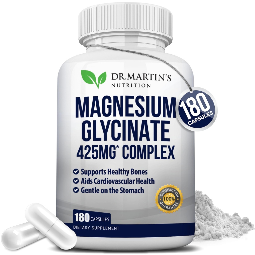 Premium Magnesium Glycinate 425mg - 180 Vegan kapslar - Hjälper med stressavlastning, sömn, muskelkramper och hälsosamt hjärta