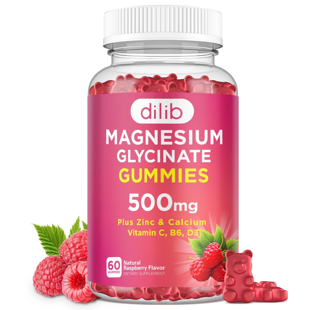 Magnesium Glycinate Gummies 500 mg Magnesiumlisä kalsium, sinkki, C-vitamiini, B6, D3-Calm Pureskeltavat Gummies lapsille ja aikuisille nukkua, mieliala ja lihas tuki vadelma maku, 60 Gummies