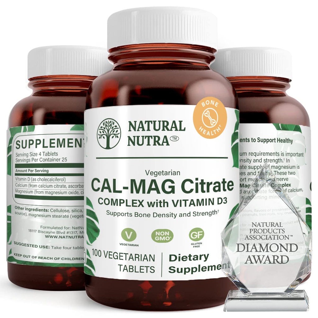 Natural Nutra Cal-Mag Citrate D3,1000/500 mg kompleksi, vahvistaa luun tiheys, lihasten ja hermojen terveys, auttaa säilyttämään terveitä hampaita, Erittäin biologisesti käytettävissä Lähteet, 100 Vegaanitabletit