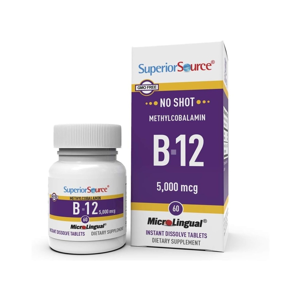Superior Source No Shot Methylcobalamin B-12 5000 mikrog - B-12-vitamiinia tukemaan energiantuotantoa, aivojen terveyttä ja yleistä hyvinvointia - Sublingual Tabletit nopeaan imeytymiseen - 60 liukenevaa tablettia