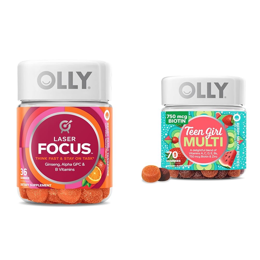 Olly Laser Focus Gummy 36 Count ja teinityttö Multi 70 Count Berry Melon