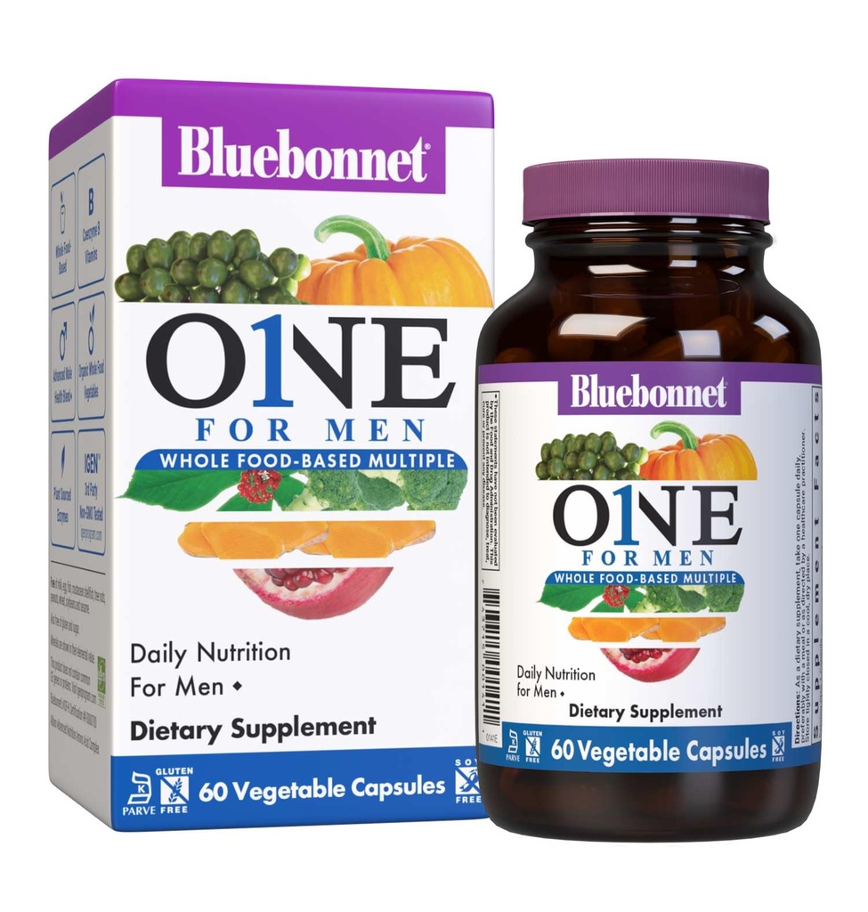 Bluebonnet Nutrition Men's One Vegetable Capsule, Whole Food Multiple, K2, Organic, Energy, Vitality, Non-GMO, Gluten, Soy & Milk Free, Kosher, 3 Month Supply, 90 Count