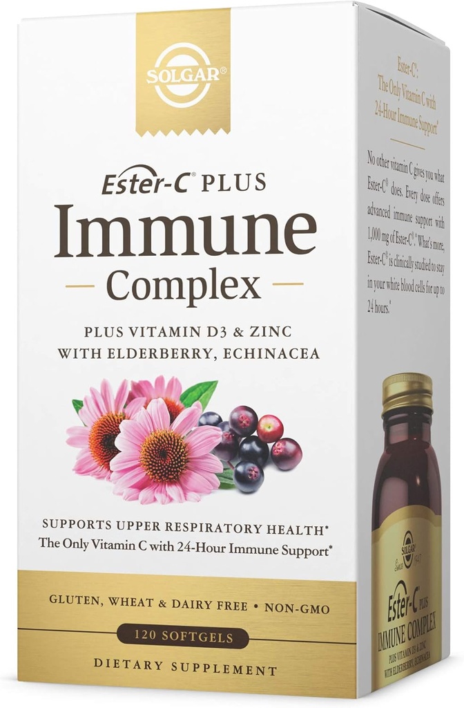 Solgar Ester-C Plus Immune Complex -120 Softgels, 24-timmars Immune Support, stöder övre andningshälsa - Plus D3, Zink, Elderberry & Echinacea - Non-GMO, Gluten Free, Dairy Free - 60 portioner,