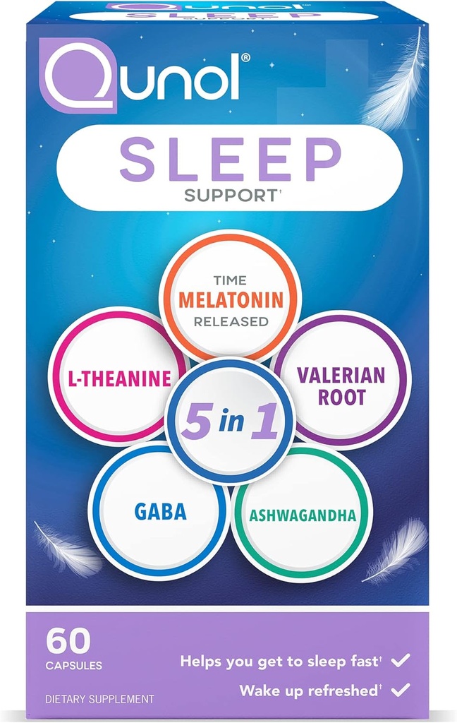 Qunol Sleep Support, 5 i 1 Non-Habit Forming Sleep Aid, Supplement med tidsfrisatt Melatonin 5mg, Ashwagandha, GABA, Valerian Root, L-Theanine, 60ct Capsules