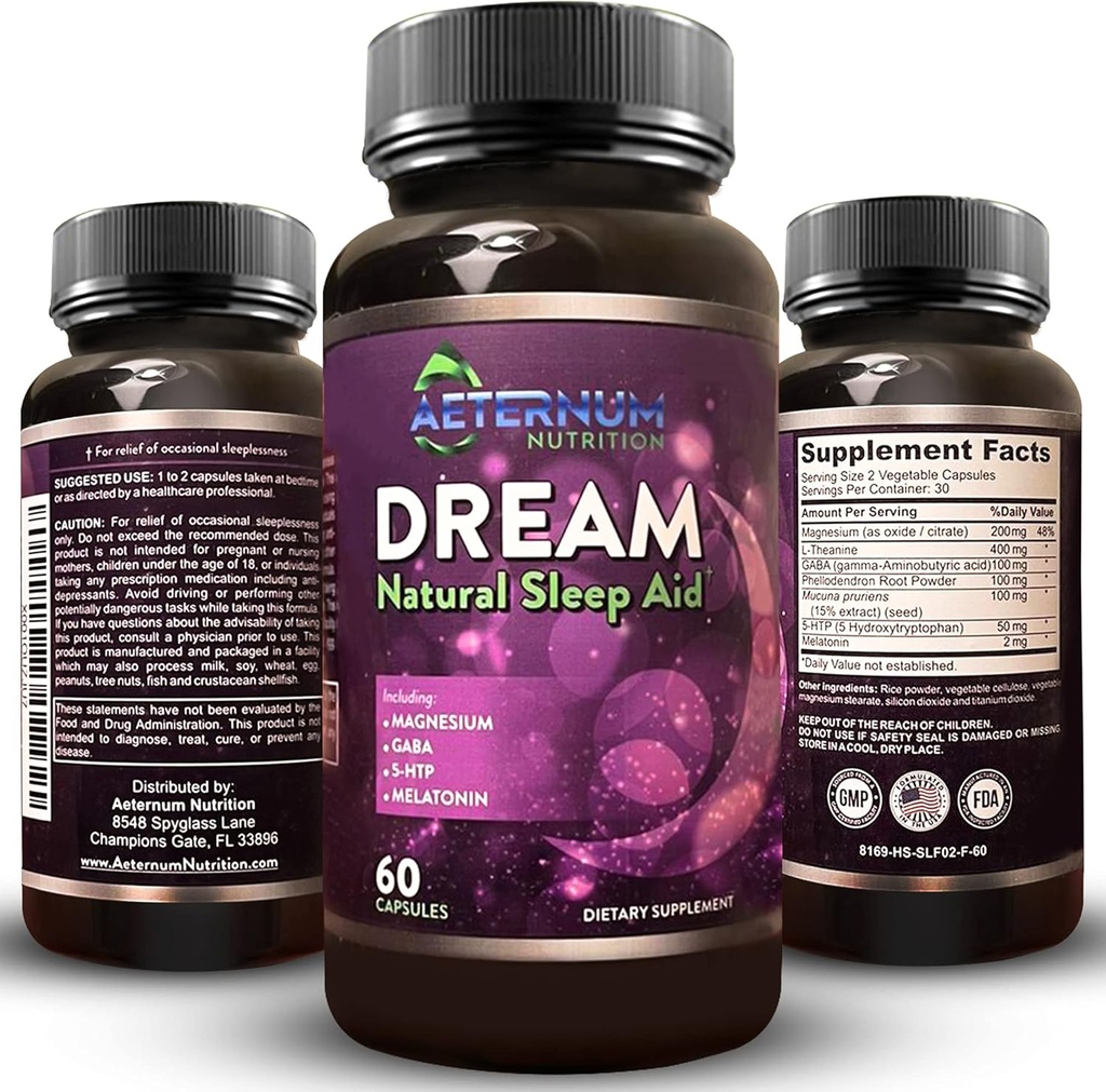 Dream Natural Sleep Supplement for Aikuinen rentouttava uni, Herätys Lepää - Non Habit Unilääke kapselit ilmaiseksi sokeria, Karbeja - Melatoniini, Magnesium, 5HTP, L-Theanine, GABA - ei-GMO 60 unilääkkeitä