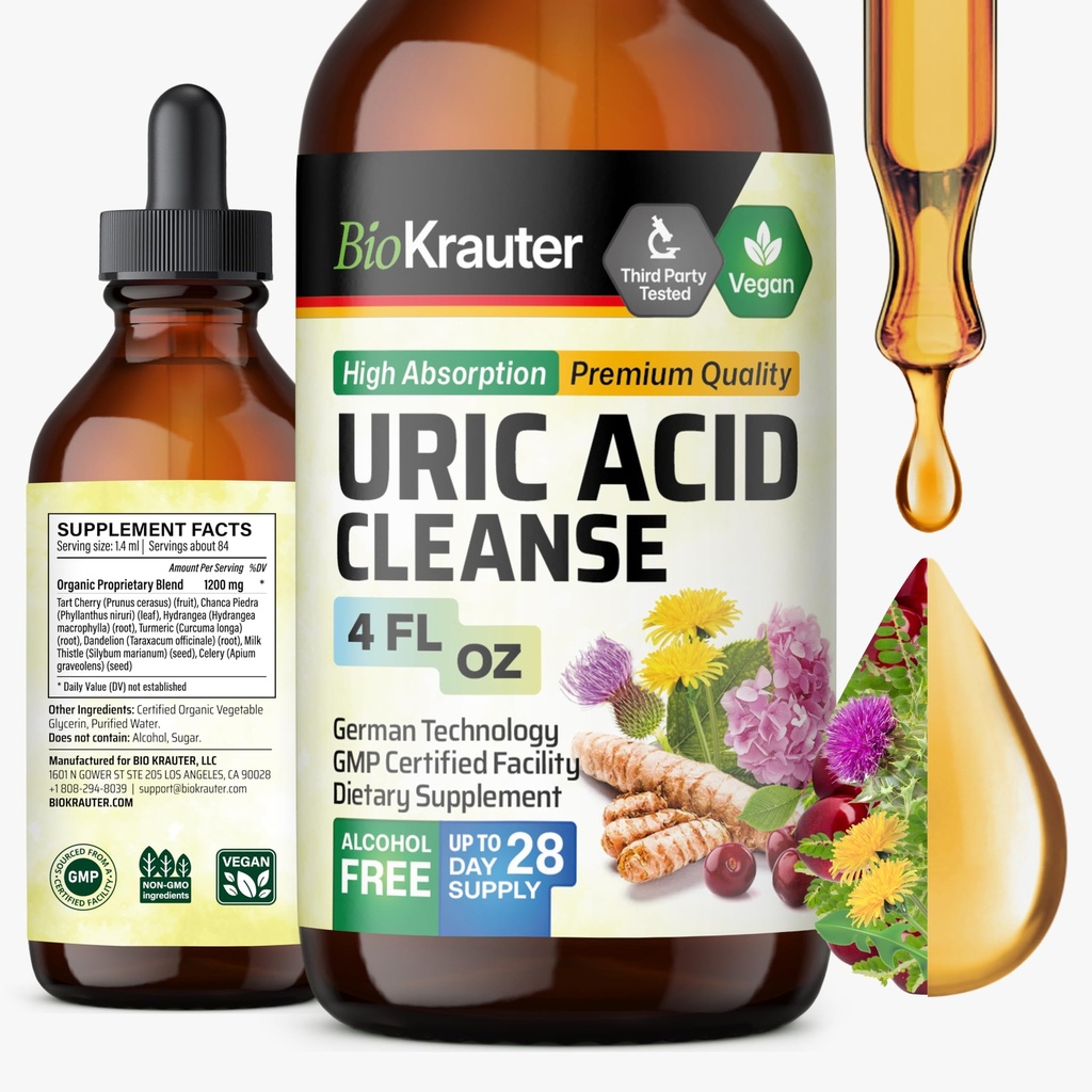 BIO KRAUTER Virtsahappo Tuki Tincture - Natural Munuaisten täydentää w/Tart Cherry, Milk Thistle, Turmeric kasviperäisten neste uutteet - Vegan Drops 4 Fl.Oz.