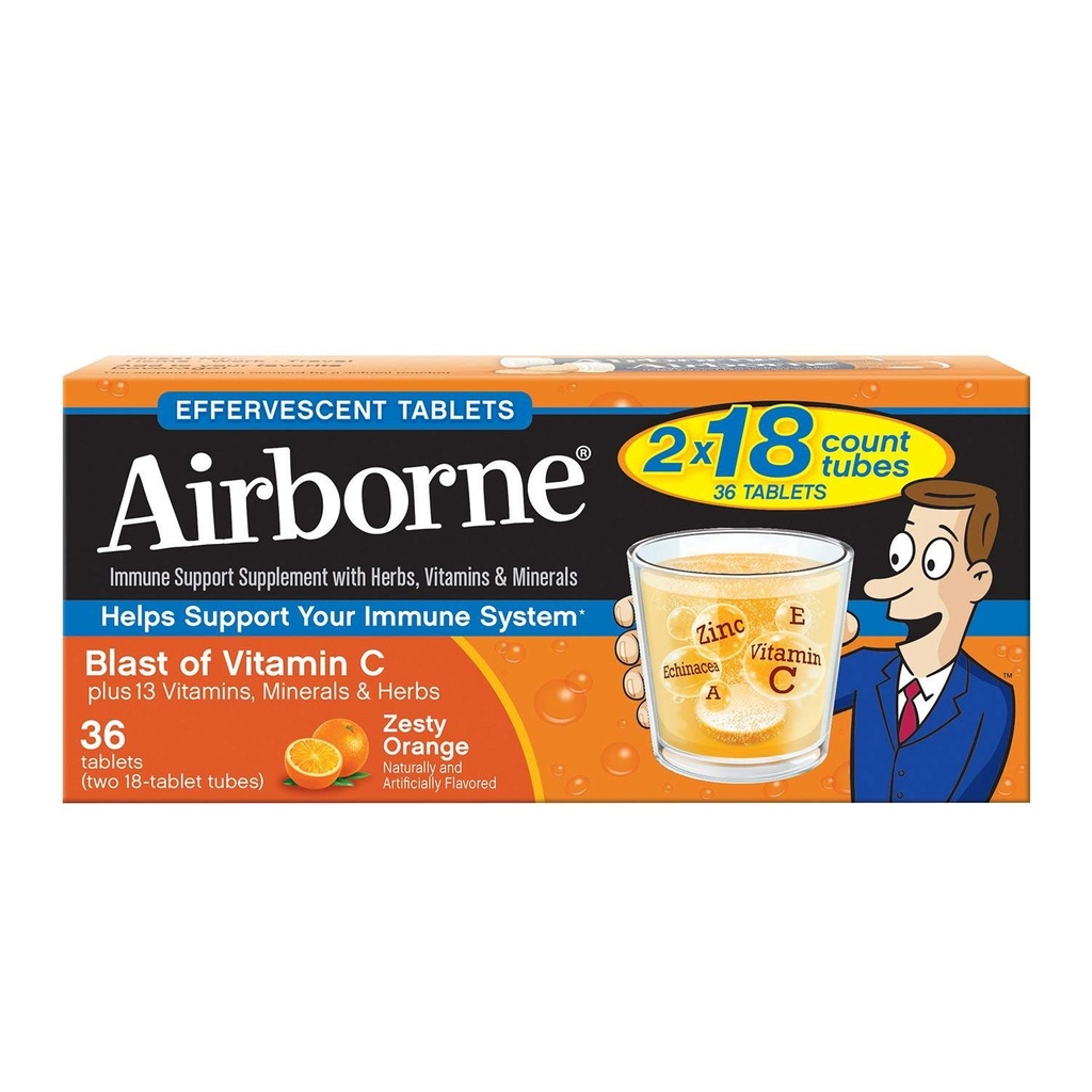 Vitamin C 1000mg (per portion) - Airborne Zesty Orange Effervescent Tablets (36 räknas i en låda), Gluten-Free Immune Support Supplement och High in Antioxidants