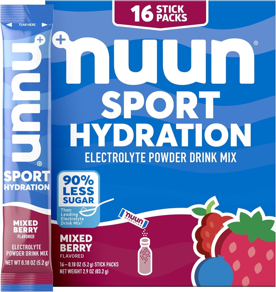 Nuun Sport Electrolyte Powder Packetit, joissa on magnesiumia, kalsiumia, kaliumia, kloridia ja natriumia, Hydraation Packetit On-The-Go, Mixed Berry Flavor, Gluteeniton & Vegan, 16 yksittäistä tarjoilua