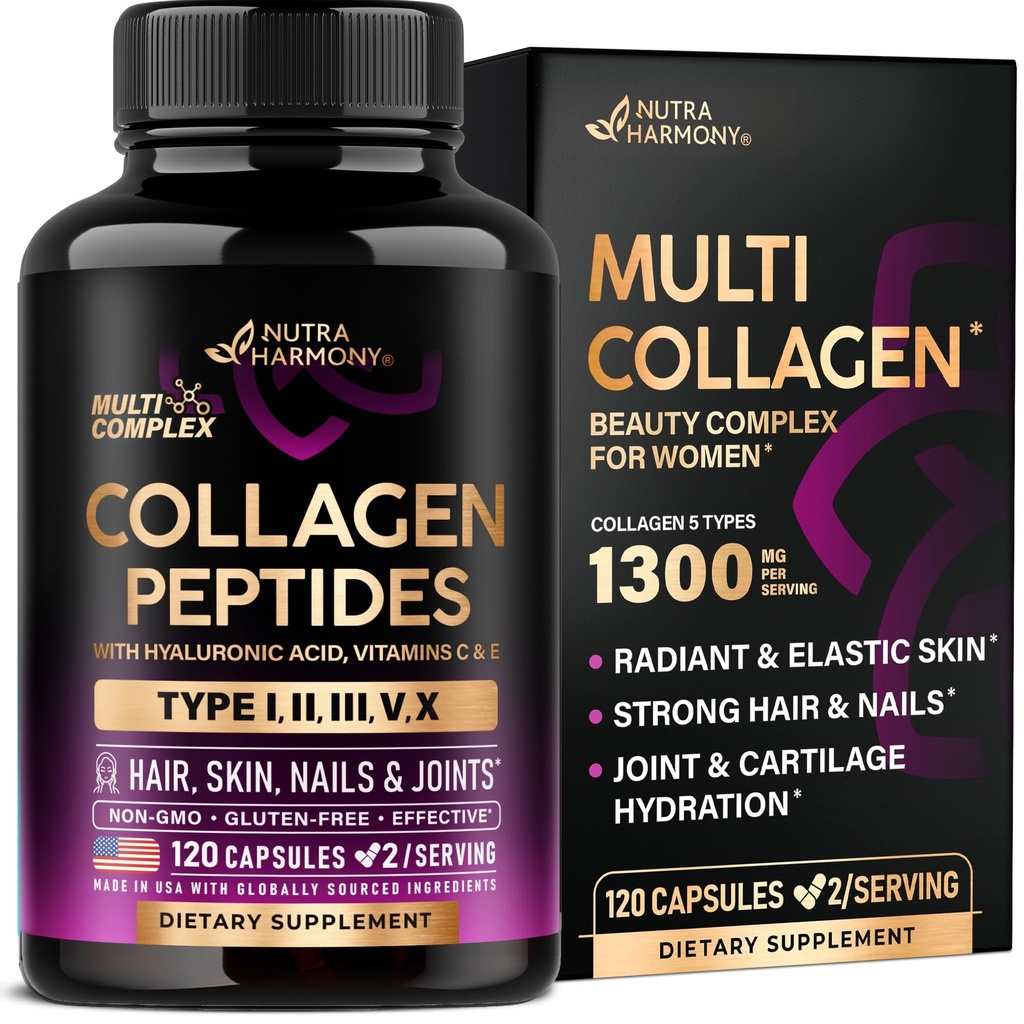 Multi Collagen Peptides - Hydrolysoidut tyypit I, II, III, V & X - Collagen Supplement for Women 1300mg - w/ Hyaluronic Acid, Vitamiinit C & E - Iho, Hiukset, kynnet ja Joint Support - Valmistettu Yhdysvalloissa, 120 kapselia