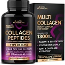 Multi Collagen Peptides - Hydrolysoidut tyypit I, II, III, V & X - Collagen Supplement for Women 1300mg - w/ Hyaluronic Acid, Vitamiinit C & E - Iho, Hiukset, kynnet ja Joint Support - Valmistettu Yhdysvalloissa, 120 kapselia