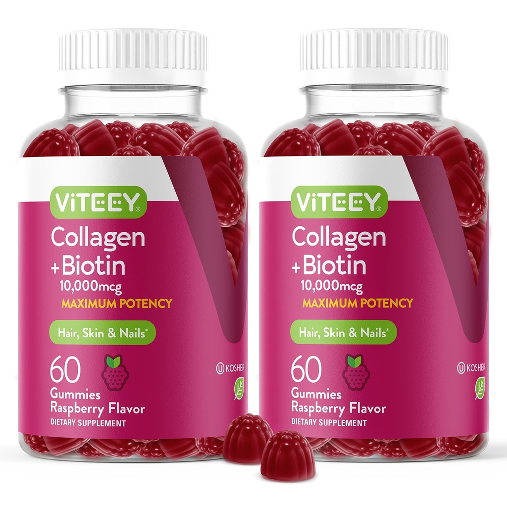 Vitey Collagen Gummies Biotin Gummies hiukset ihon ja kynsien vitamiinit - Biotiini ja Collagen täydentää naisten ja miesten - Vegaani, Gluteeniton 120 Count