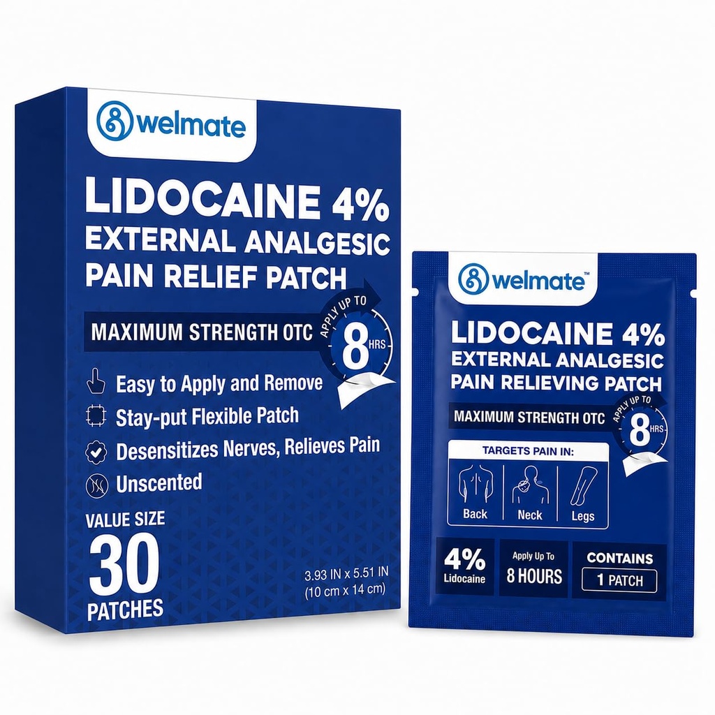 WELMATE - 4% Lidocaine Numbing Patch - Maximal styrka - Temporär lättnad av smärta, rygg, hals, axlar, knän, armbågar, mindre hudirritationer - aktuella analgetiska unscented - 30 ct