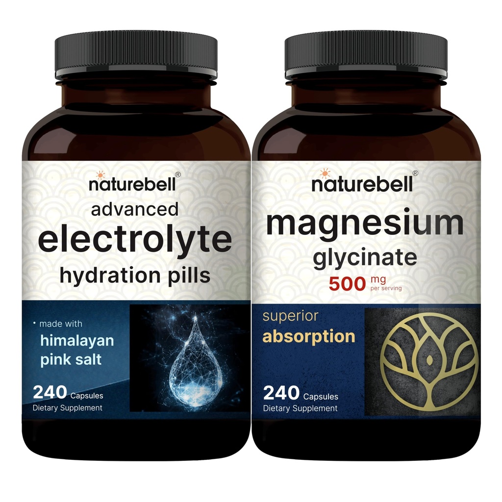 NatureBell Magnesium Glycinate Kapselit 500 mg & Advanced Electrolyte Hydration Pillerit Bundle Pack ...