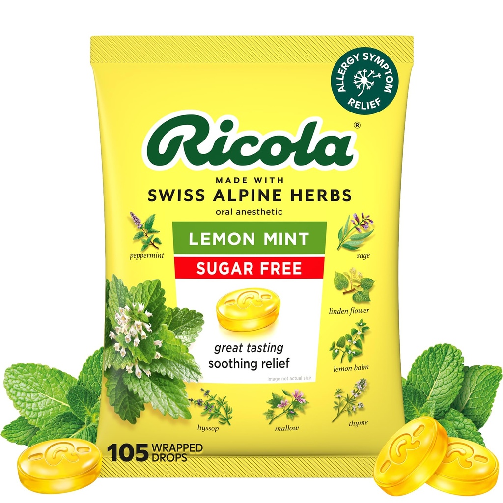 Ricola Sugar Free Lemon Minttu yrtti yrtti Yskän puristus kurkun pudotukset, 105ct Bag