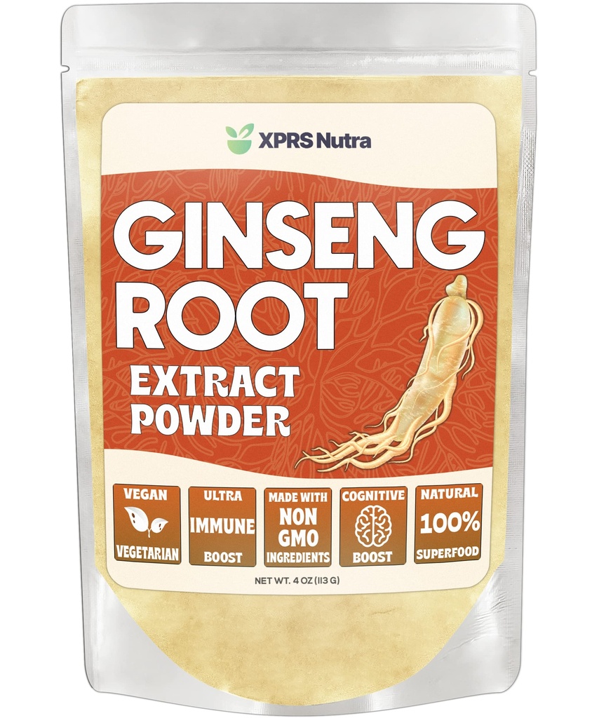 XPRS Nutra Ginseng Root Extract Powder - Ginseng Powder stöder kognitiv funktion, fysisk prestanda och immunsystem - Vegan Friendly Panax Ginseng i pulverform (4 ounce)