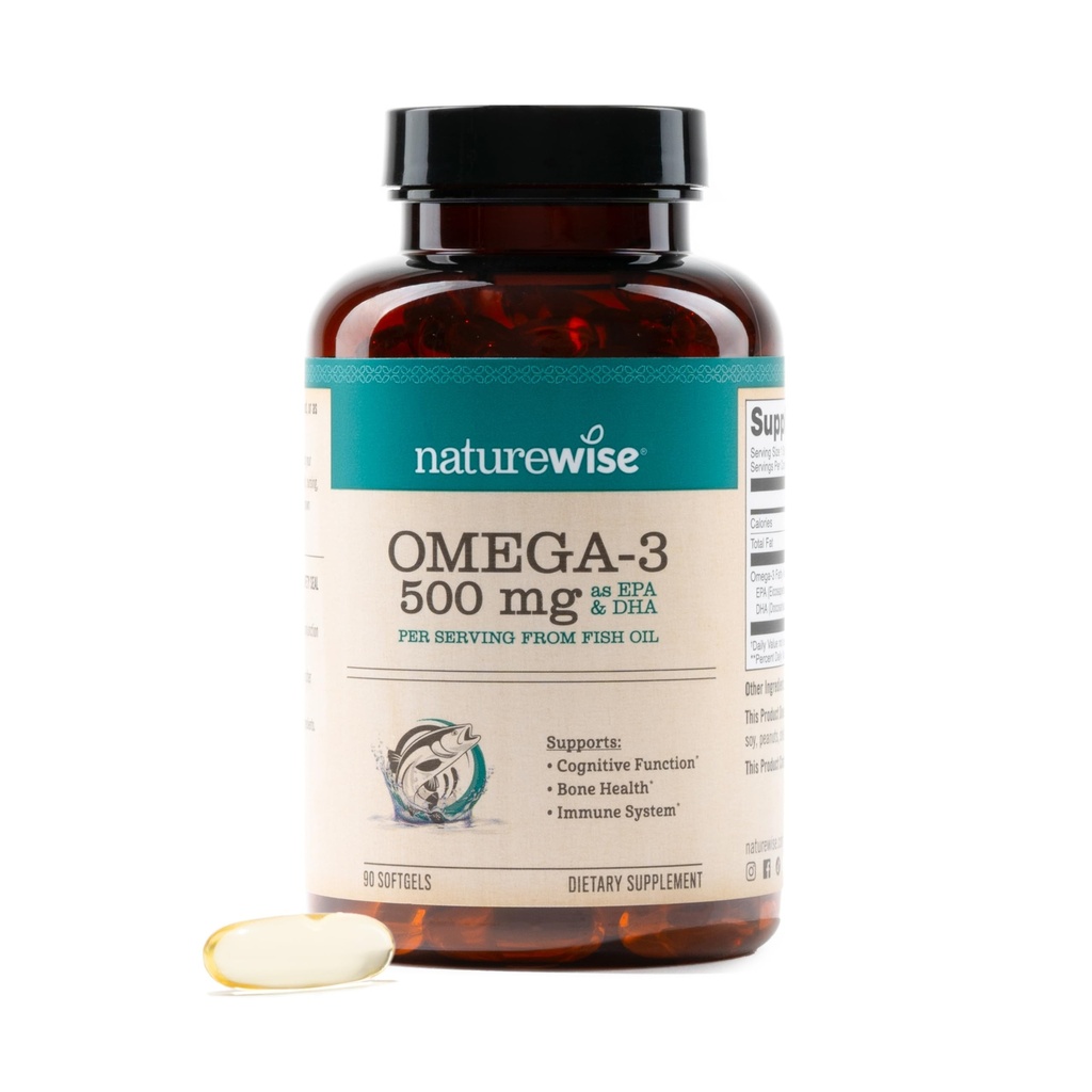 NatureWise Omega 3 Fish Oil - 500 mg per piller - EPA & DHA - Immune Support, Brain Health & Optimal Wellness - Gluten och Soy Free, Non-GMO - 90 Softgels