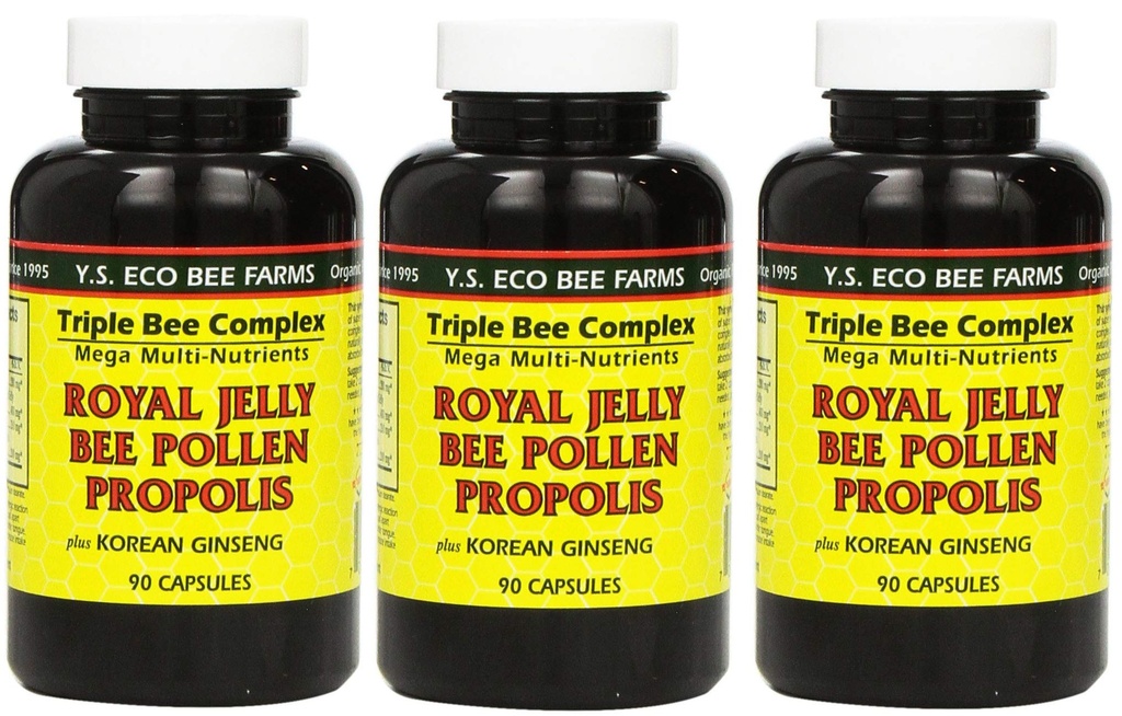 Y.S. Eco Bee Farms, (3 Pack) Royal Jelly, Bee Pollen, Propolis, Plus Korean Ginseng, 90 kapselia