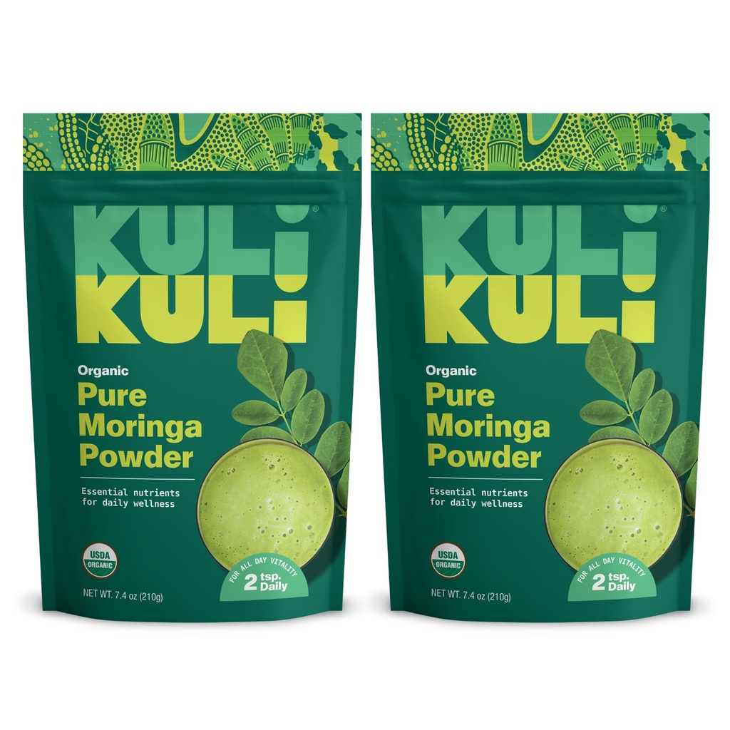 Kuli Kuli Moringa Oleifera Organic Leaf Powder & Green Smoothie, 100% Pure USDA Certified & non-GMO Moringa Powder, Great with Smoothies, Tea, and Food, 2 Pack