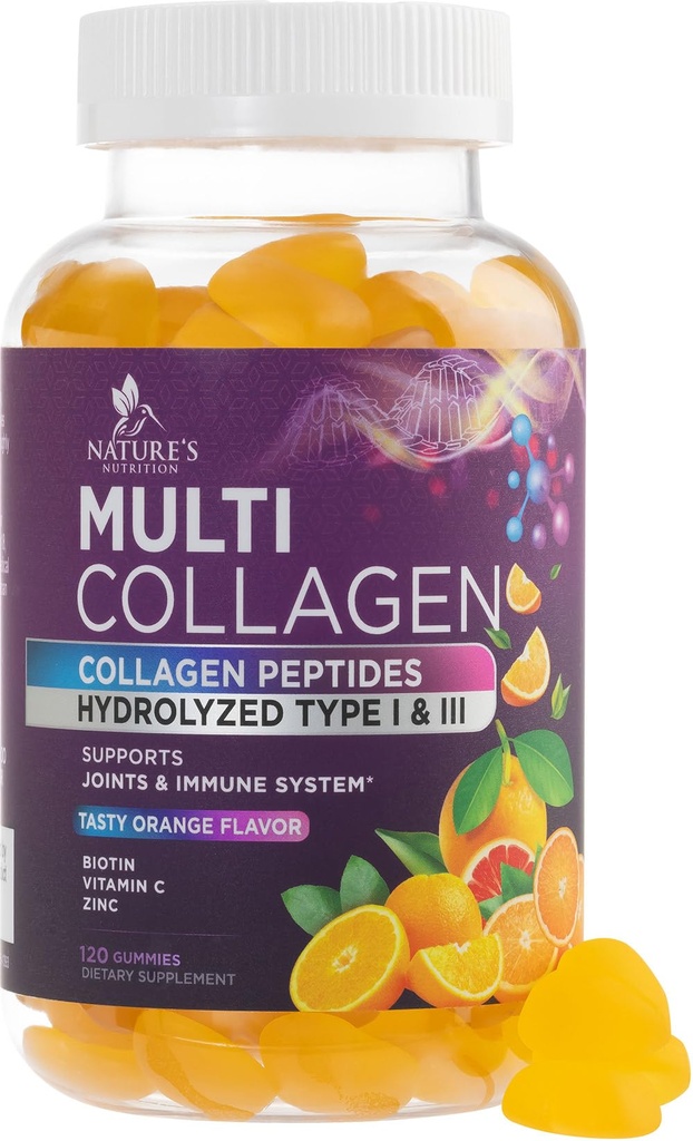 Collagen Peptides Gummies 2500 mikrog Biotin - Hydrolysed proteiini tyyppi I & III Multi Collagen täydentää C-vitamiinia & Sinkki - Tuki hiukset, iho, kynnet, maukas Orange Flavor - 120 Gummies