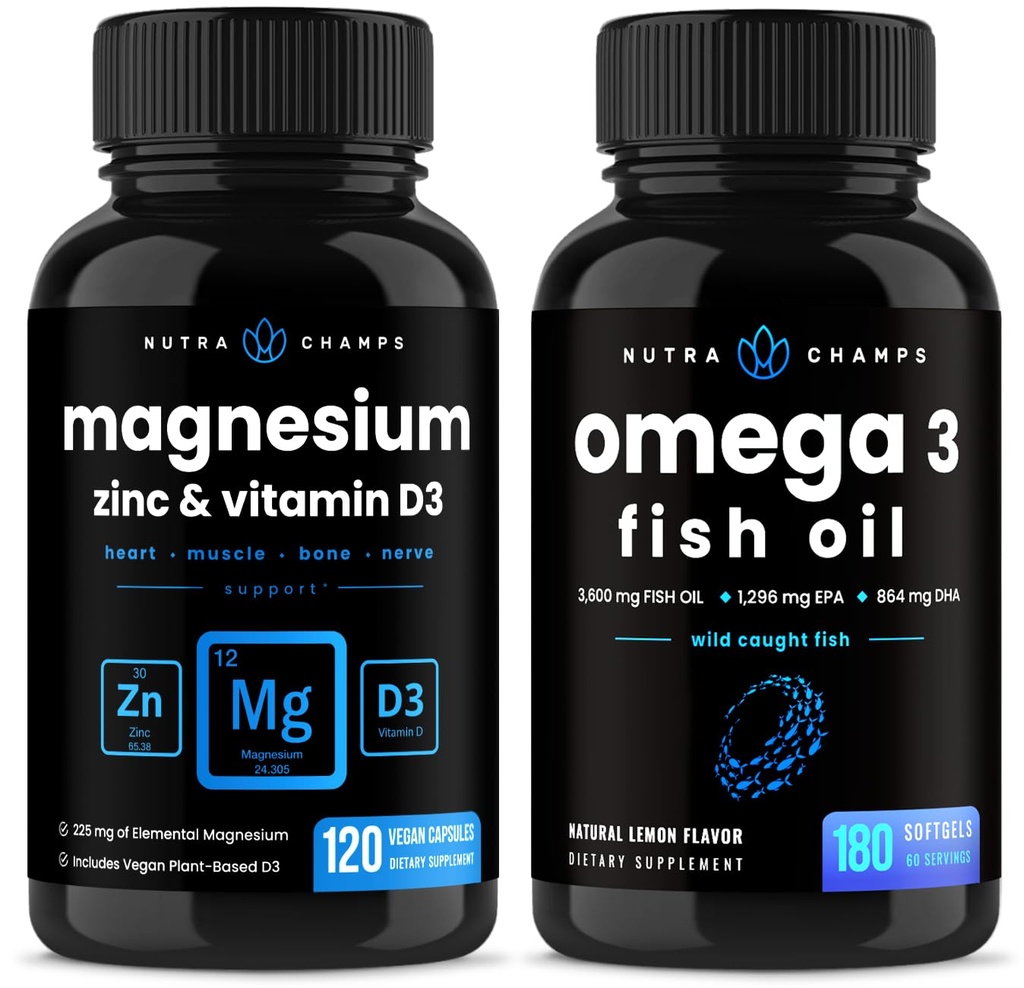 NutraChamps Magnesium Zink & Vitamin D3 Capsules och Omega 3 Fish Oil Capsules 2 Pack Bundle