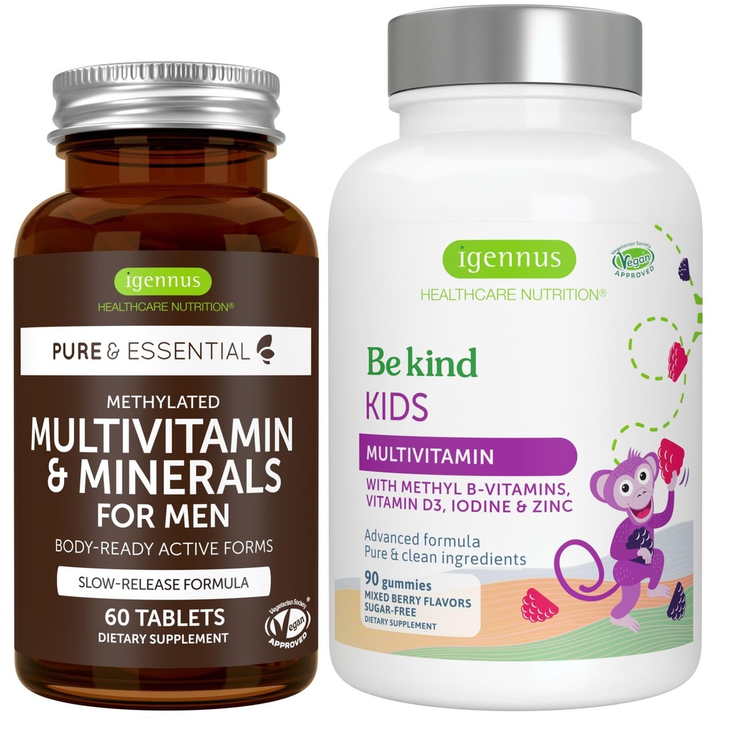 Multivitamin & mineraler för män + avancerade barn Multivitamin Gummy Vegan Bundle, med Methylated B-Vitaminer, vitamin A, C, D3 & E, Clean Label, 60 tabletter + 90 Berry Flavor Gummies, av Igennus