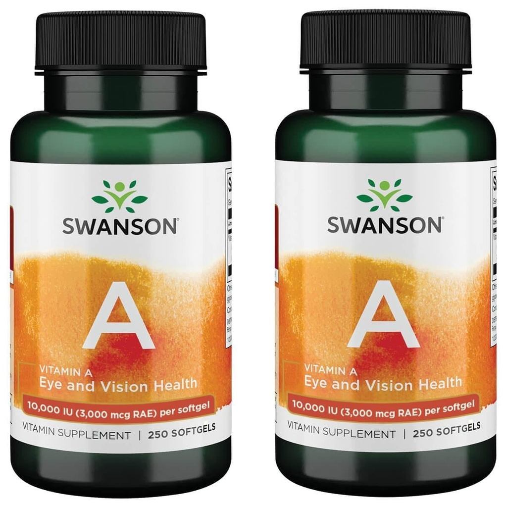 Swanson-vitamiini A 10 000 IU (3 000 mikrog RAE) Luun, ihon terveyden, näkökyvyn ja immuunijärjestelmän toiminta - korkea Imeytyminen A 250 Softgels (2 pakkaus)