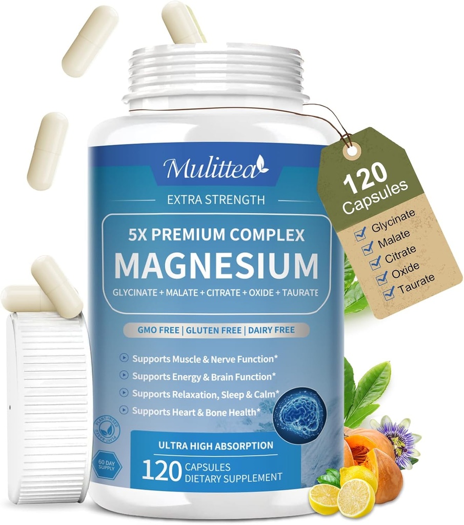 Magnesiumkompleksi Kelatoitu magnesium Glycinate w/malaatti, taurate& kasviperäiset uutteet tukiuneen, lihakseen, korisoliin ja sydämeen, gluteeniton, vegaaninen, non GMO, korkea absorptio,120 kapselia