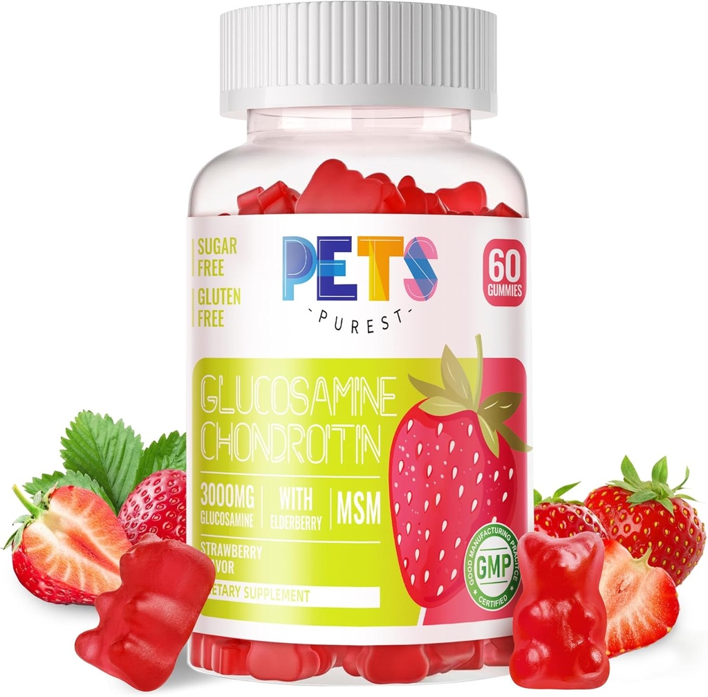 Lemmikit Puhdas Glukosamiini Chondroitin Gummies MSM & Elderberry Extra Strength - Joint Support, antioksidantti Immuuni tuki täydentää aikuisille, miehet & naiset. Mansikka