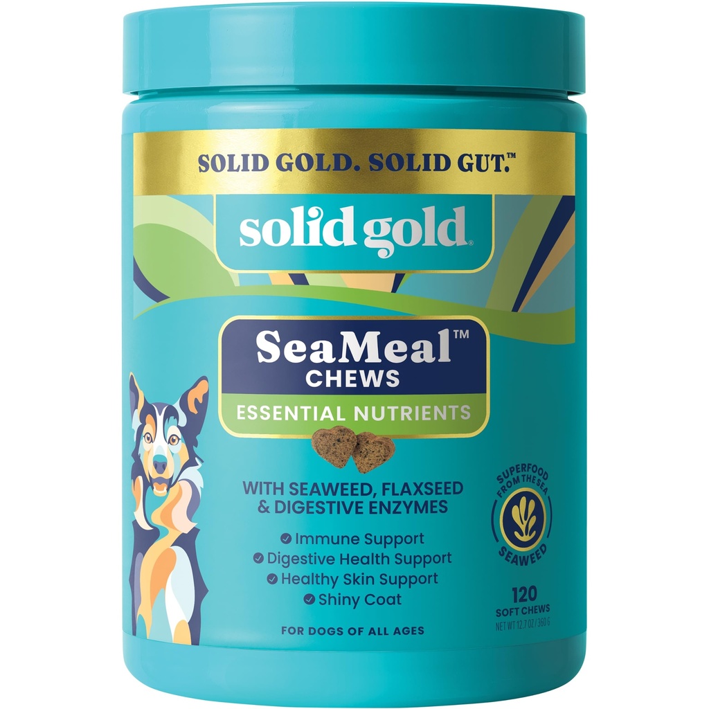 Solid Gold Cat & Dog Multivitamin Chews - Kelp, Omega 3 & Vitaminer för Dental, Digestive, Immune, Skin & Coat Health - Multi Vitamin för hundar och katter - Sea Kelp Based Soft Chew för alla åldrar - 120ct