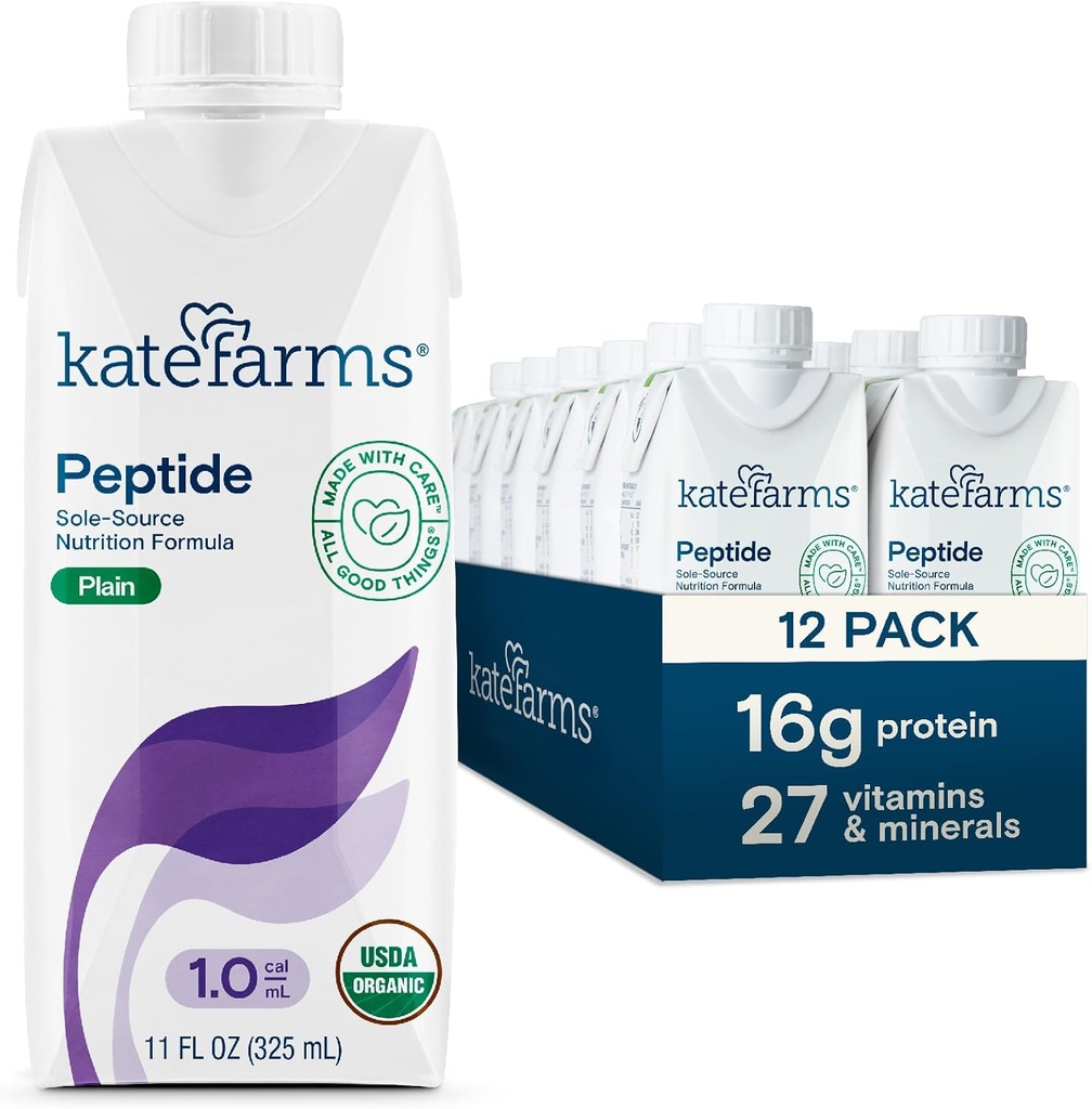 KATE FARMS Organic Adult Peptide 1.0 Formel, Plain, Sole-Source, Hydrolyzed Plant-Based Nutrition för Oral eller Tube Feeding, 11 Fl oz (12 Pack)